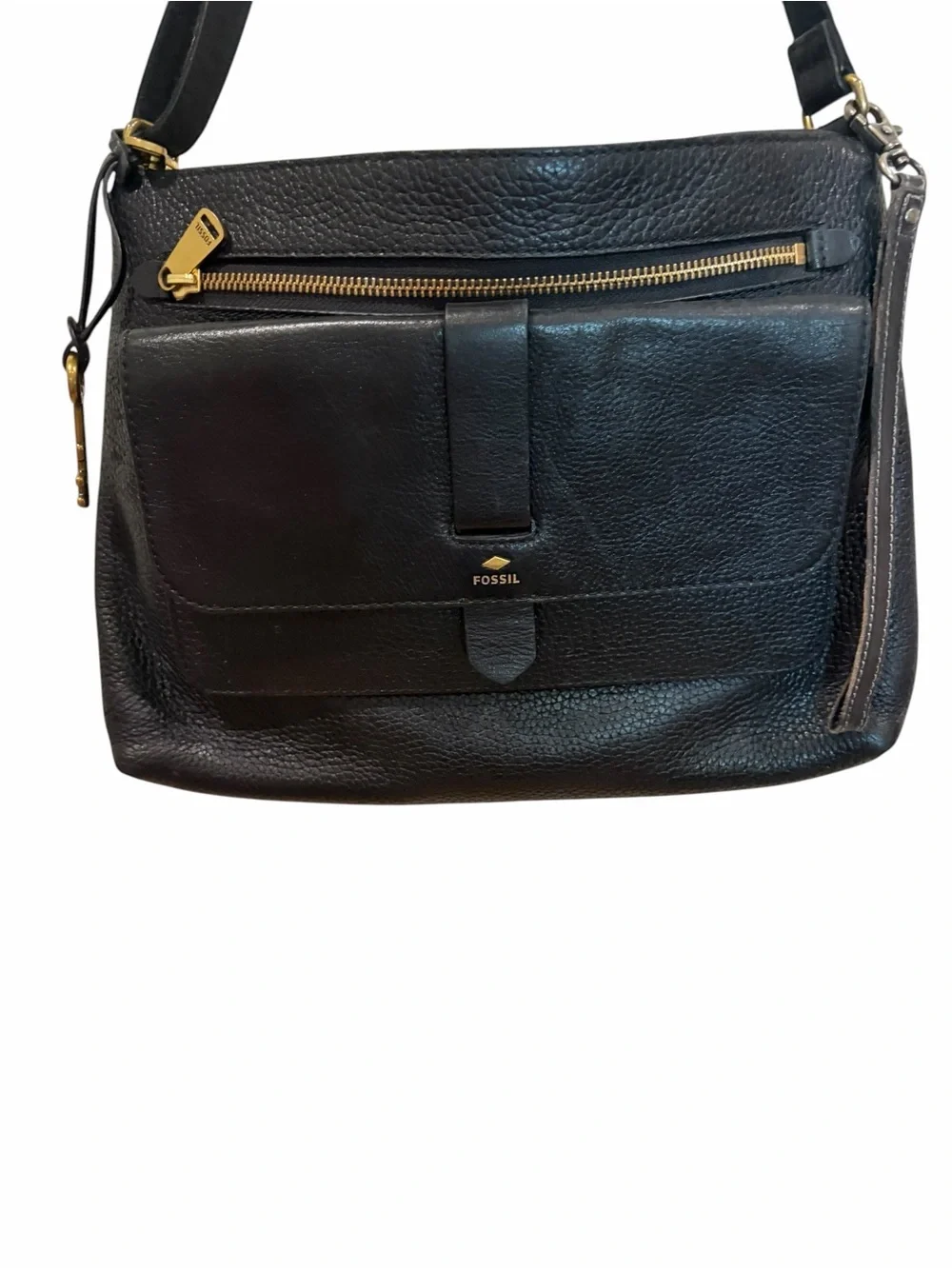 Fossil Kinley black pebbled leather crossbody bag multi pockets